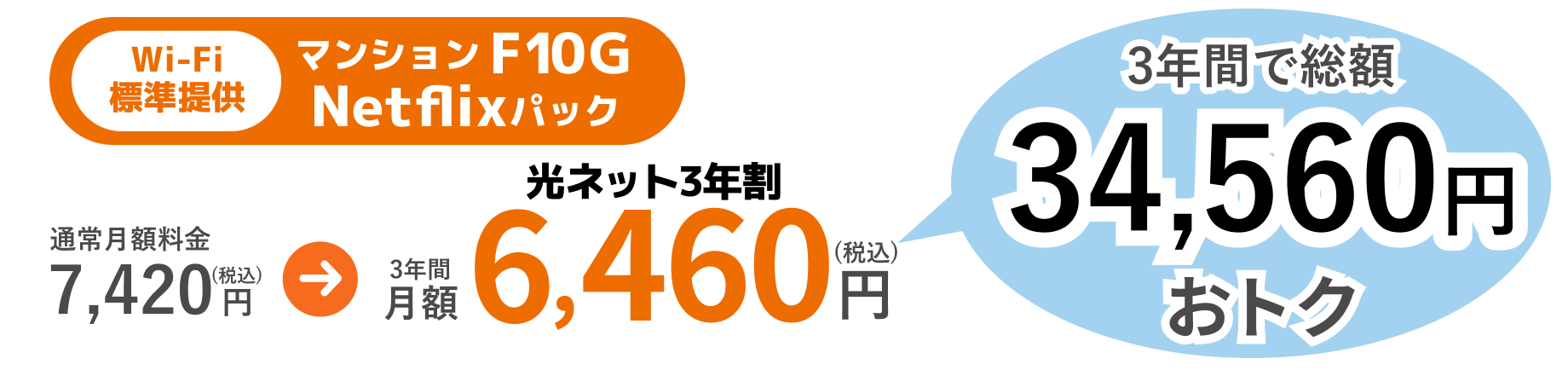 マンションF10G Netflixパックに光ネット3年割適用で月額7,420円(税込)が3年間月額6,460円(税込)