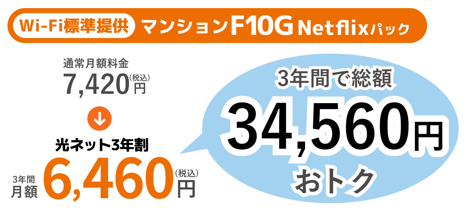 マンションF10G Netflixパックに光ネット3年割適用で月額7,420円(税込)が3年間月額6,460円(税込)