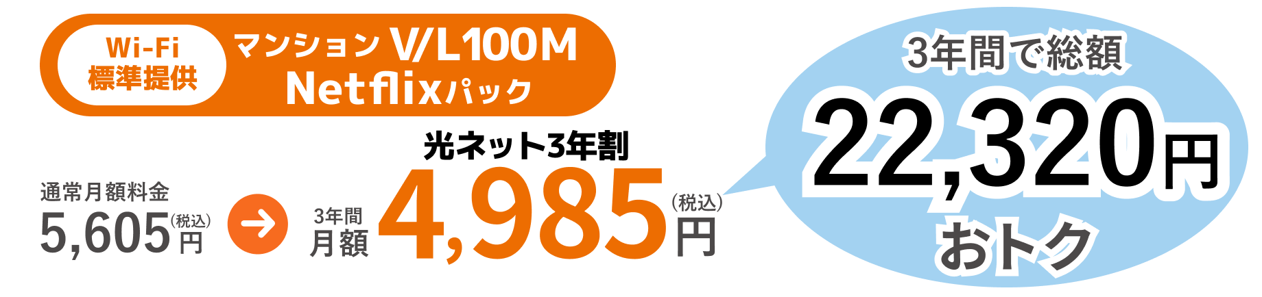 マンションV/L100M Netflixパックに光ネット3年割適用で月額5,605円(税込)が3年間月額4,985円(税込)