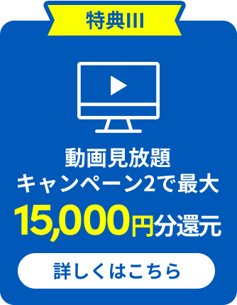 特典Ⅲ 動画見放題キャンペーン2で最大15,000円分還元