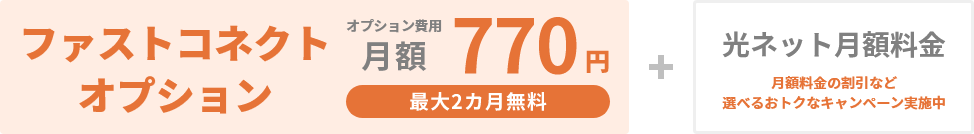 ファストコネクトオプション オプション月額770円 最大2カ月無料＋光ネット月額料金 月額料金の割引など選べるおトクなキャンペーン実施中