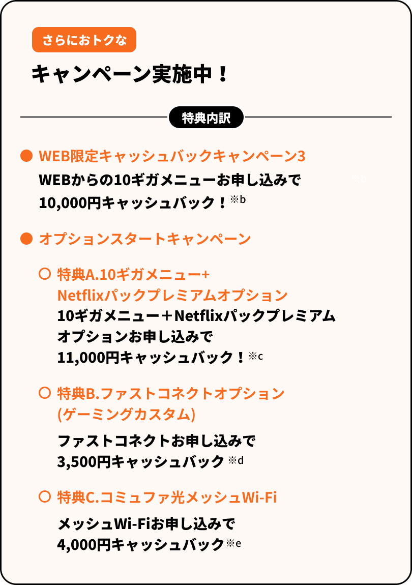 さらにおトクなキャンペーン実施中！＜特典内訳＞・WEBからの10ギガメニューお申し込みで、10,000円キャッシュバック！・10ギガメニュー＋Netflixパックプレミアムプランオプション加入で、11,000円キャッシュバック！・ファストコネクトお申し込みで3,500円キャッシュバック・メッシュWi-Fiお申し込みで4,000円キャッシュバック