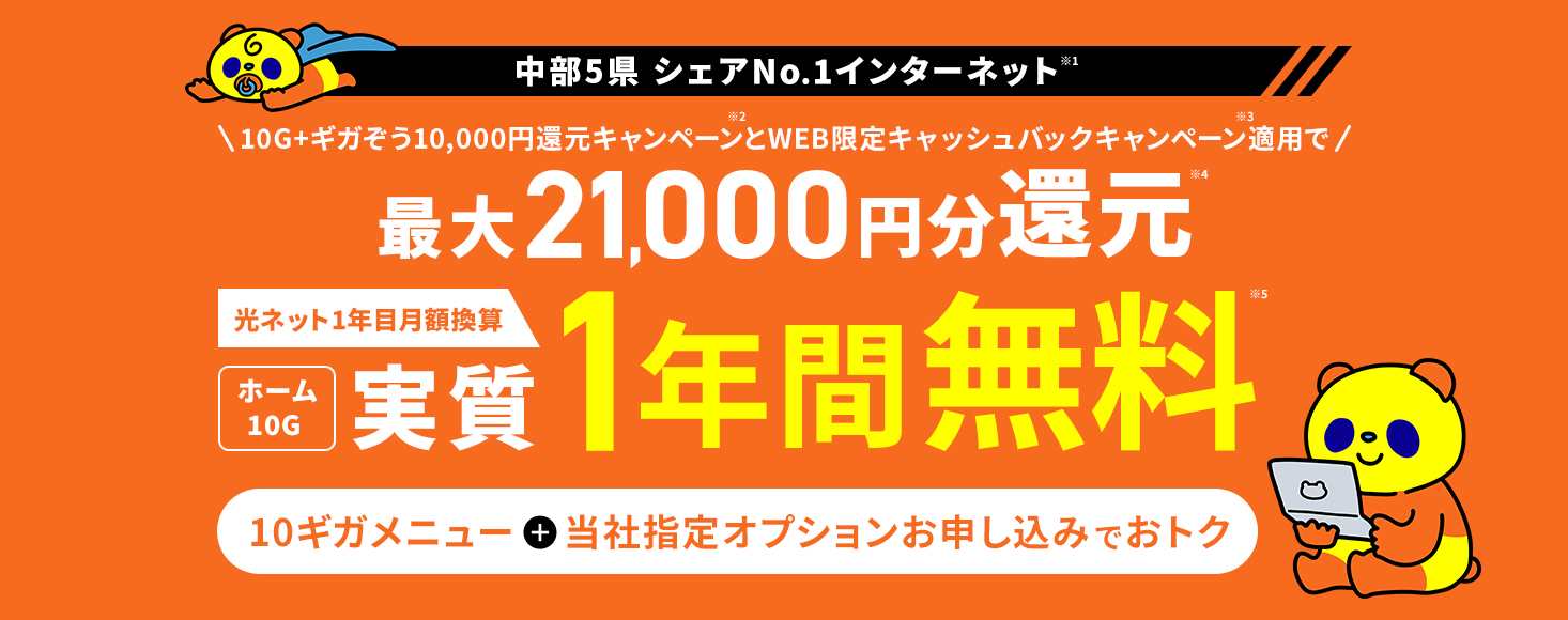 自分にぴったりが選べる！コミュファ光　選べる3つのキャンペーン　キャンペーン1　戸建て住宅限定！　1年目の月額料金をとにかく安く！　ホーム1G1年間月額980円（税込）※1　キャンペーン2　戸建て住宅限定！　最初にまとめてキャッシュバック！ホーム1G1年間月額5,170円（税込）＋　最大51,000円（税込）キャッシュバック※2　キャンペーン3　他社からの乗り換え　他社からの乗り換えにおすすめ！ホーム1G1年間月額2,980円（税込）※3　＋　他社契約解除料　全額還元※4　いずれか1つのキャンペーンをお選びいただけます。