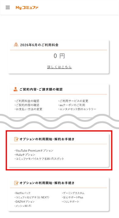 「オプションの利用開始・解約お手続き」を選択します