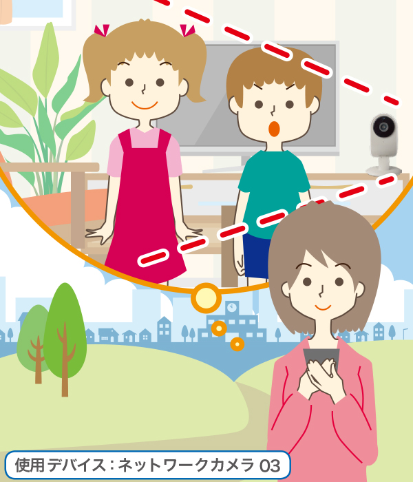 スマートフォンから留守番中の子どもたちの様子をチェック。ご家族が不在の際には動体感知録画機能を使うことで簡易的な防犯にも役立つ。