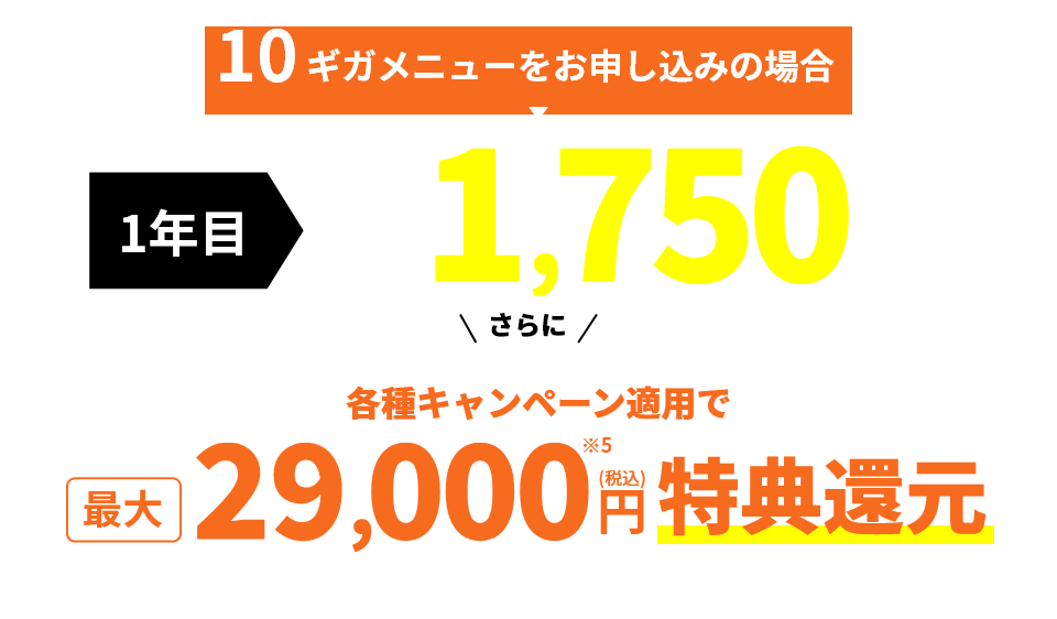 10ギガメニューをお申し込みの場合 一年目月額料金 1750円（税込）さらに各種キャンペーン適用で最大12,000円（税込）特定還元