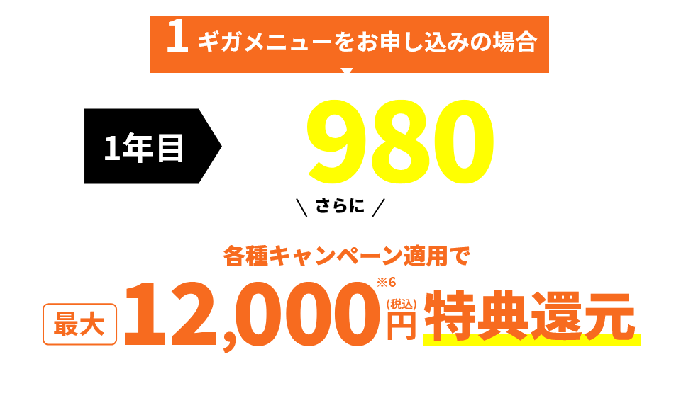 1ギガメニューをお申し込みの場合 一年目月額料金 980円（税込）さらに各種キャンペーン適用で最大12,000円（税込）特定還元