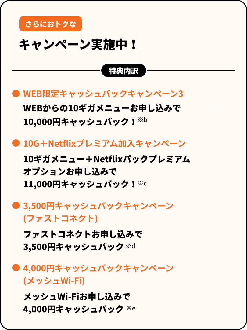 さらにおトクなキャンペーン実施中！＜特典内訳＞・WEBからの10ギガメニューお申し込みで、10,000円キャッシュバック！・10ギガメニュー＋Netflixパックプレミアムプランオプション加入で、11,000円キャッシュバック！・ファストコネクトお申し込みで3,500円キャッシュバック・メッシュWi-Fiお申し込みで4,000円キャッシュバック