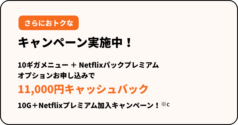 さらにおトクなキャンペーン実施中！10ギガメニュー＋Netflixパックプレミアムプランオプション加入で、11,000円キャッシュバックキャンペーンも実施中です
