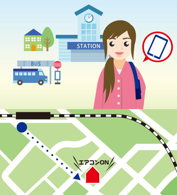 スマートフォンのGPSの情報でエアコンが自動的にスイッチオン。家に帰るころには、快適な室温に